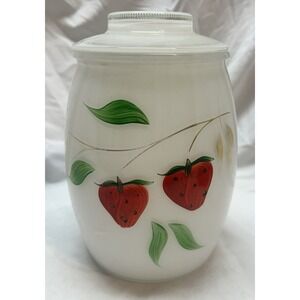 VTG 50s 60s Bartlett Collins Strawberries White Glass Cookie Jar Canister 8"